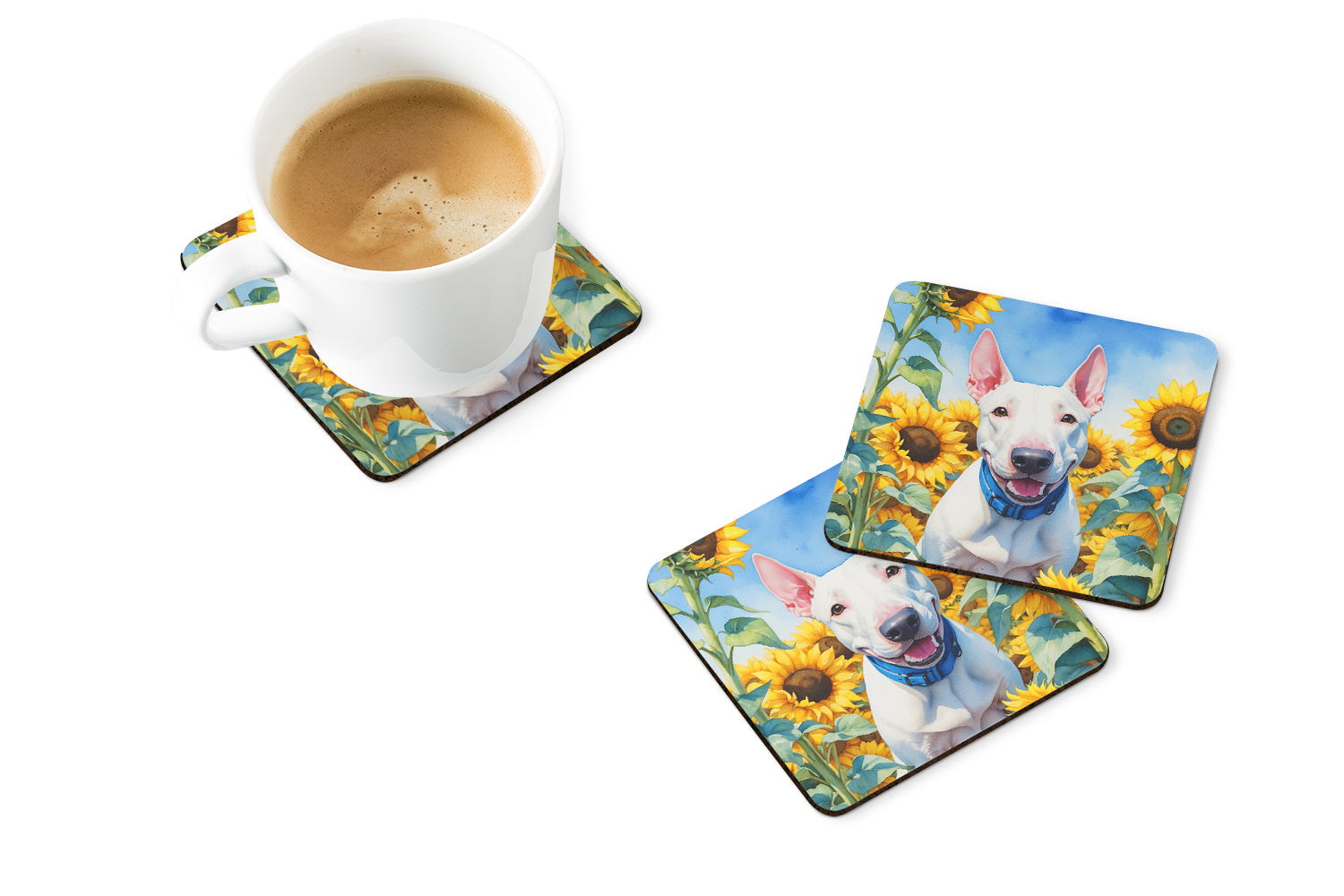 English Bull Terrier in Sunflowers Foam Coasters Set of 4 Cup Coasters for Indoor Outdoor, Tabletop Protection, Anti Slip, Mouse pad Material