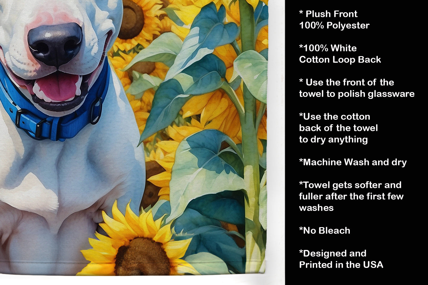 English Bull Terrier in Sunflowers Kitchen Towel Velour Plush Front and Cotton Loop Back Machine Washable