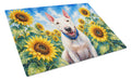 English Bull Terrier in Sunflowers Cutting Board Tempered Glass Kitchen Cutting Surface, Heat Resistant Chopping Board with Non-Slip Feet, Decorative Food Prep & Serving
