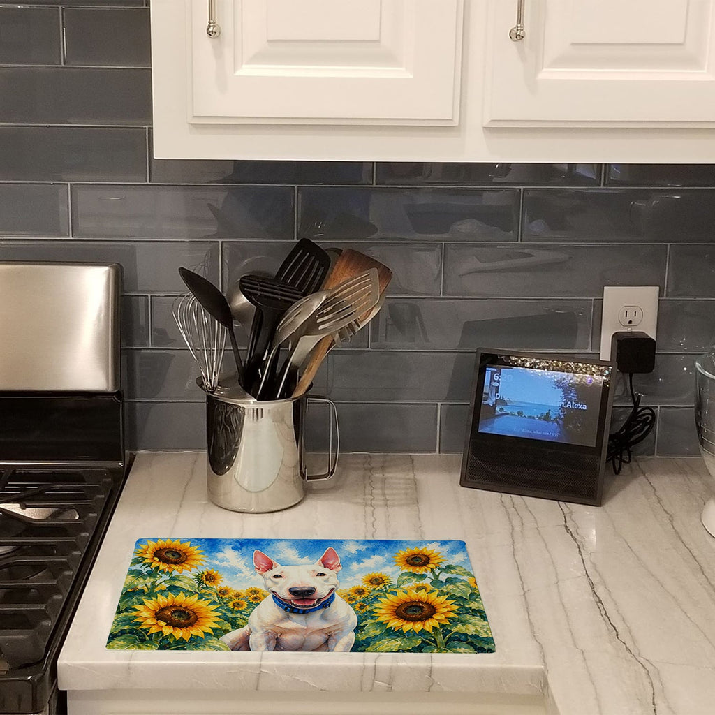 English Bull Terrier in Sunflowers Cutting Board Tempered Glass Kitchen Cutting Surface, Heat Resistant Chopping Board with Non-Slip Feet, Decorative Food Prep & Serving