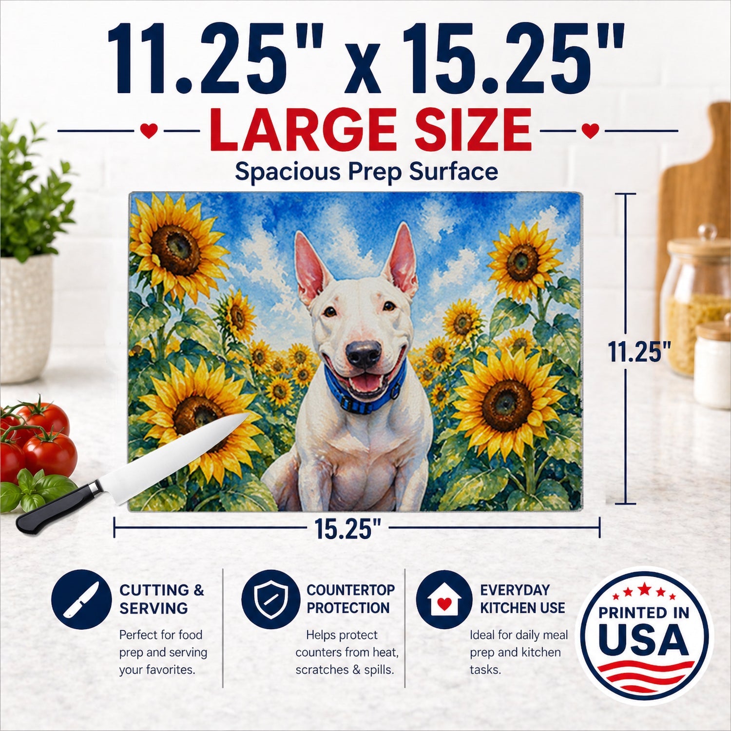 English Bull Terrier in Sunflowers Cutting Board Tempered Glass Kitchen Cutting Surface, Heat Resistant Chopping Board with Non-Slip Feet, Decorative Food Prep & Serving