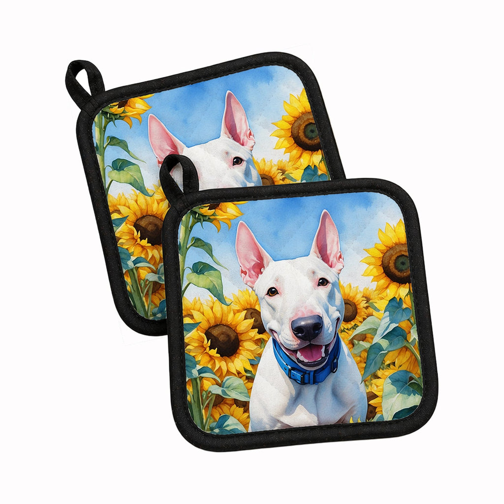 English Bull Terrier in Sunflowers Pot Holder Set of 2 Heat Resistant Quilted Hot Pads 7.5 x 7.5 Inch, Insulated Kitchen Trivets for Cooking & Baking