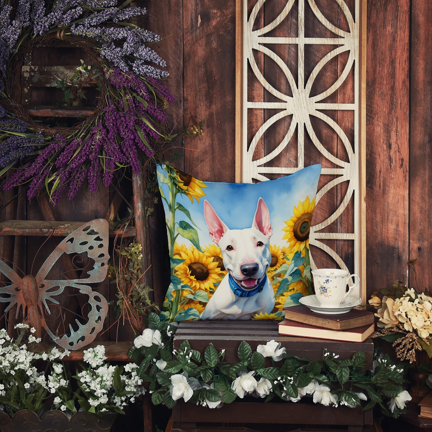 English Bull Terrier in Sunflowers Decorative Throw Pillow 14x14 Indoor Outdoor Accent Cushion, Fabric Cover with Insert for Sofa, Bed, Porch & Living Room