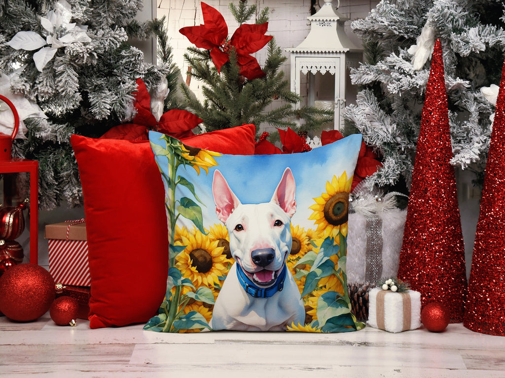 English Bull Terrier in Sunflowers Decorative Throw Pillow 14x14 Indoor Outdoor Accent Cushion, Fabric Cover with Insert for Sofa, Bed, Porch & Living Room