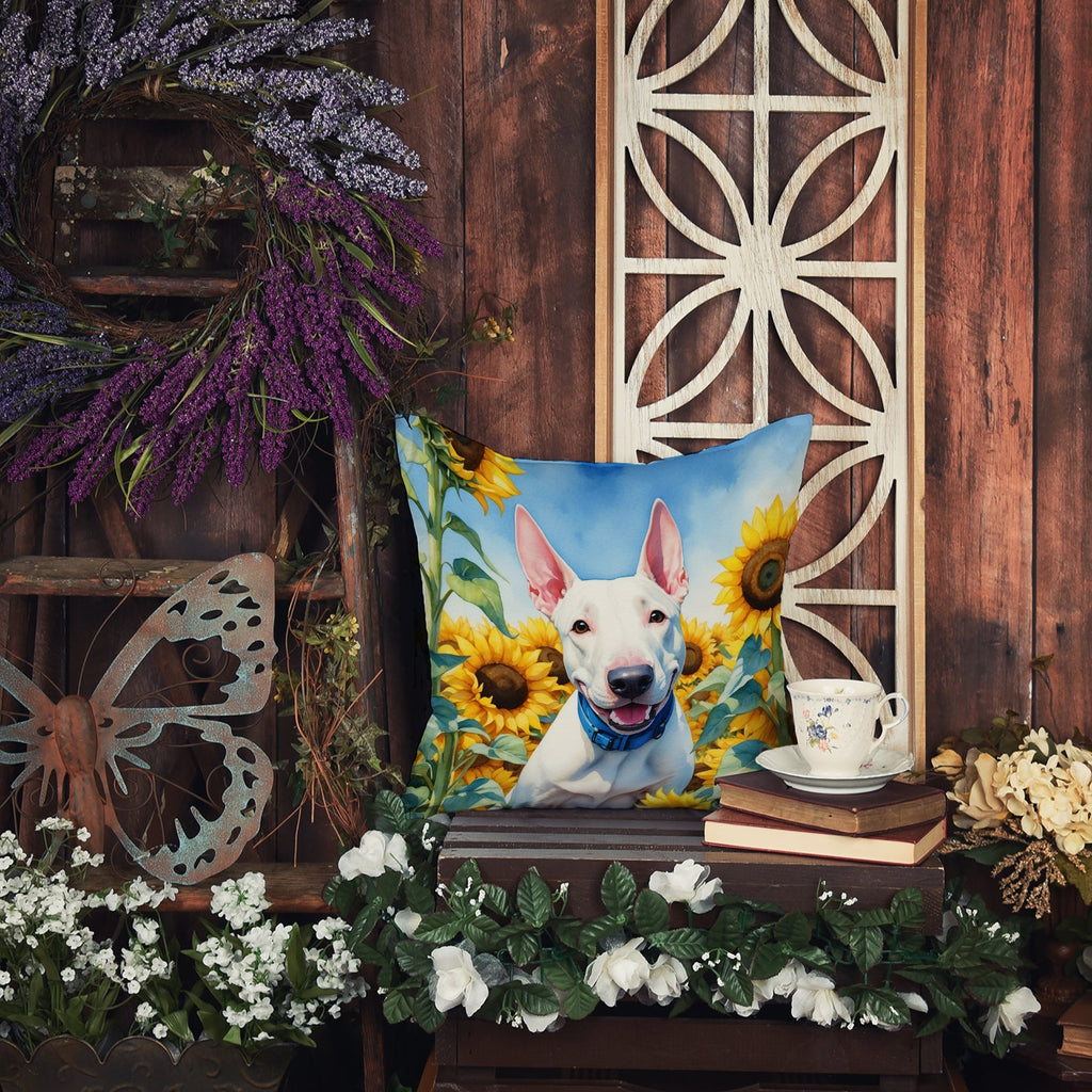 English Bull Terrier in Sunflowers Decorative Throw Pillow 18x18 Indoor Outdoor Accent Cushion, Fabric Cover with Insert for Sofa, Bed, Porch & Living Room