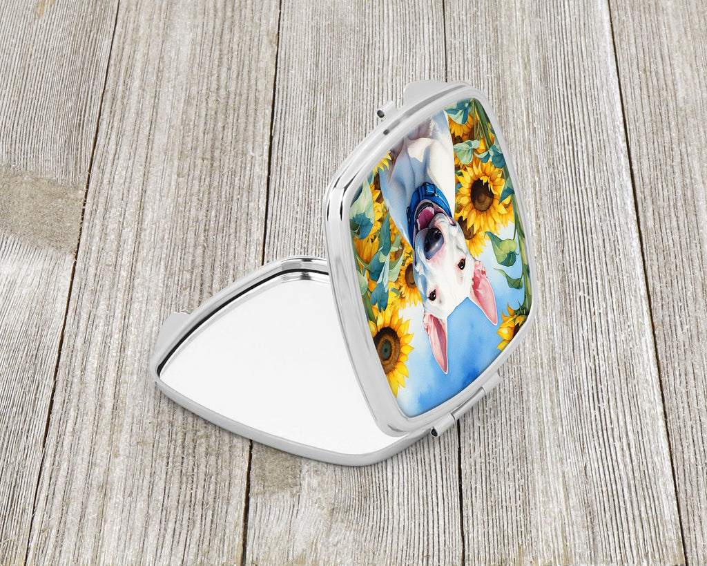 English Bull Terrier in Sunflowers Compact Mirror Decorative Travel Makeup Mirror for Women Girls Gifts Pocket Makeup Mirror Folding Handheld