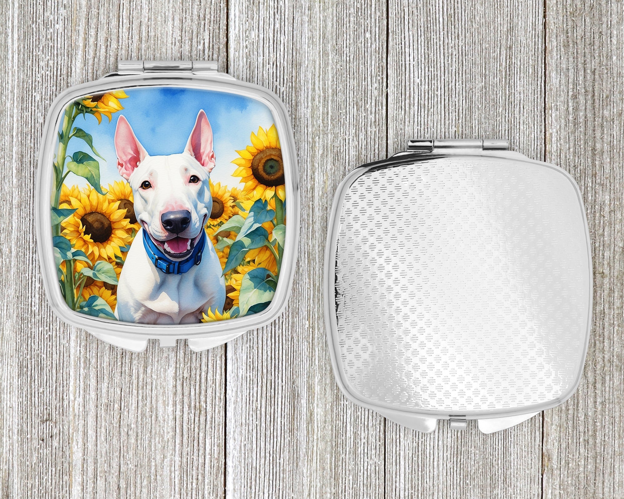 English Bull Terrier in Sunflowers Compact Mirror Decorative Travel Makeup Mirror for Women Girls Gifts Pocket Makeup Mirror Folding Handheld