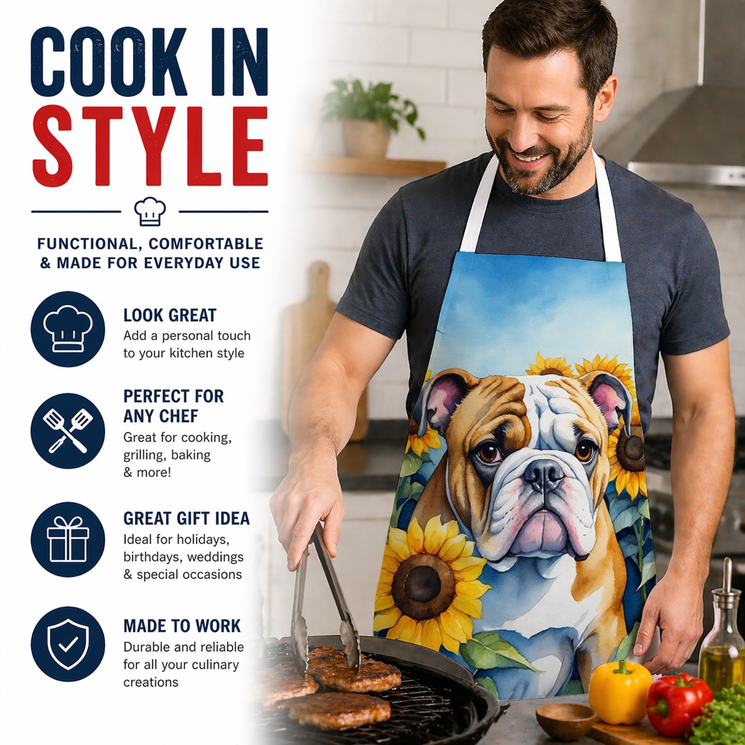 English Bulldog in Sunflowers Apron Cooking Kitchen Server Baking Crafts Gardening for Adult Women Men, Unisex, Large, Multicolor