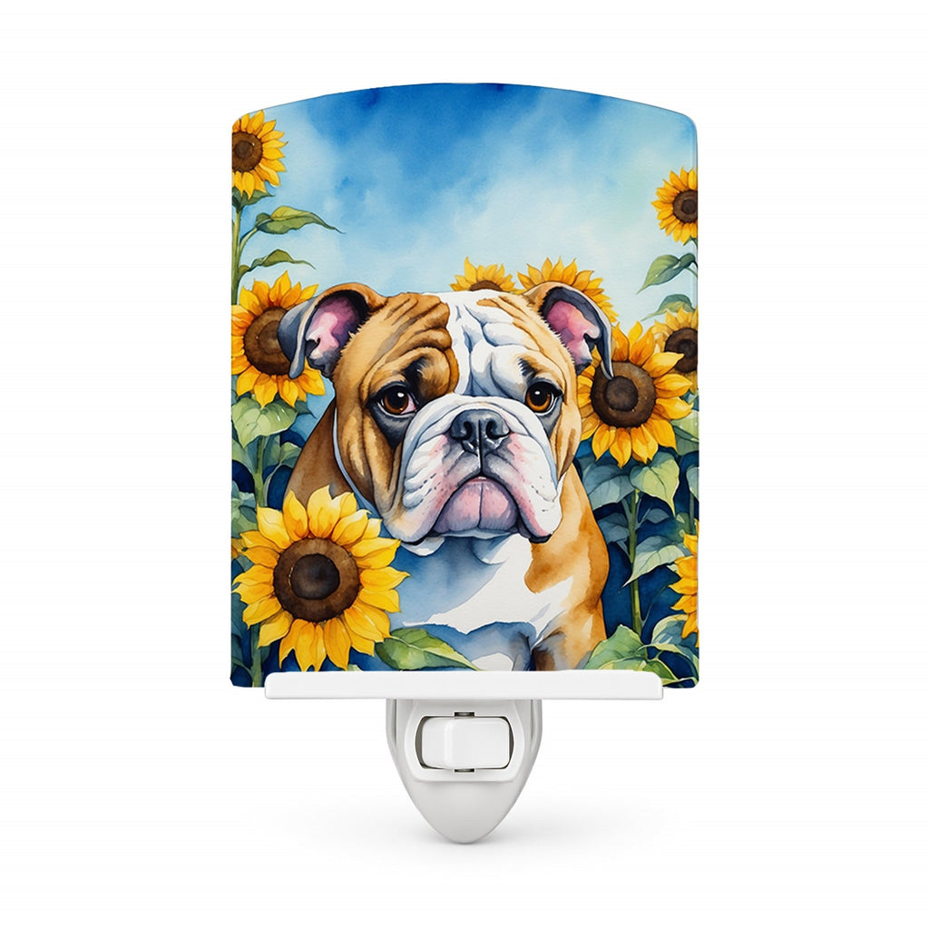English Bulldog in Sunflowers Ceramic Night Light Compact, UL-Certified, Ideal for Bedroom, Bathroom, Nursery, Hallway, Kitchen, 6x4x3, Multicolor
