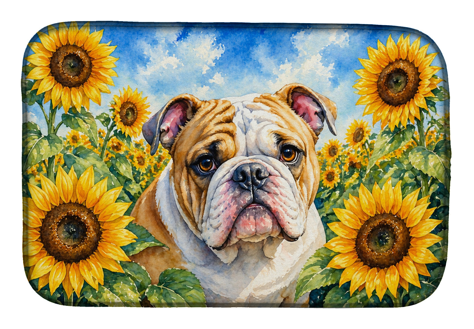English Bulldog in Sunflowers Dish Drying Mat Absorbent Dish Drying Mat Pad for Kitchen Counter Dish Drainer Mat for Countertop, 14 x 21", Multicolor