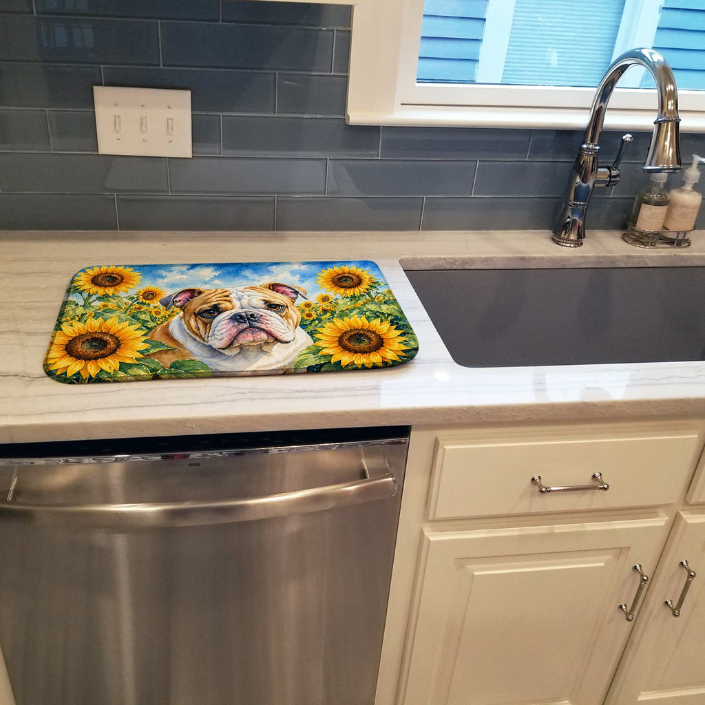 English Bulldog in Sunflowers Dish Drying Mat Absorbent Dish Drying Mat Pad for Kitchen Counter Dish Drainer Mat for Countertop, 14 x 21", Multicolor