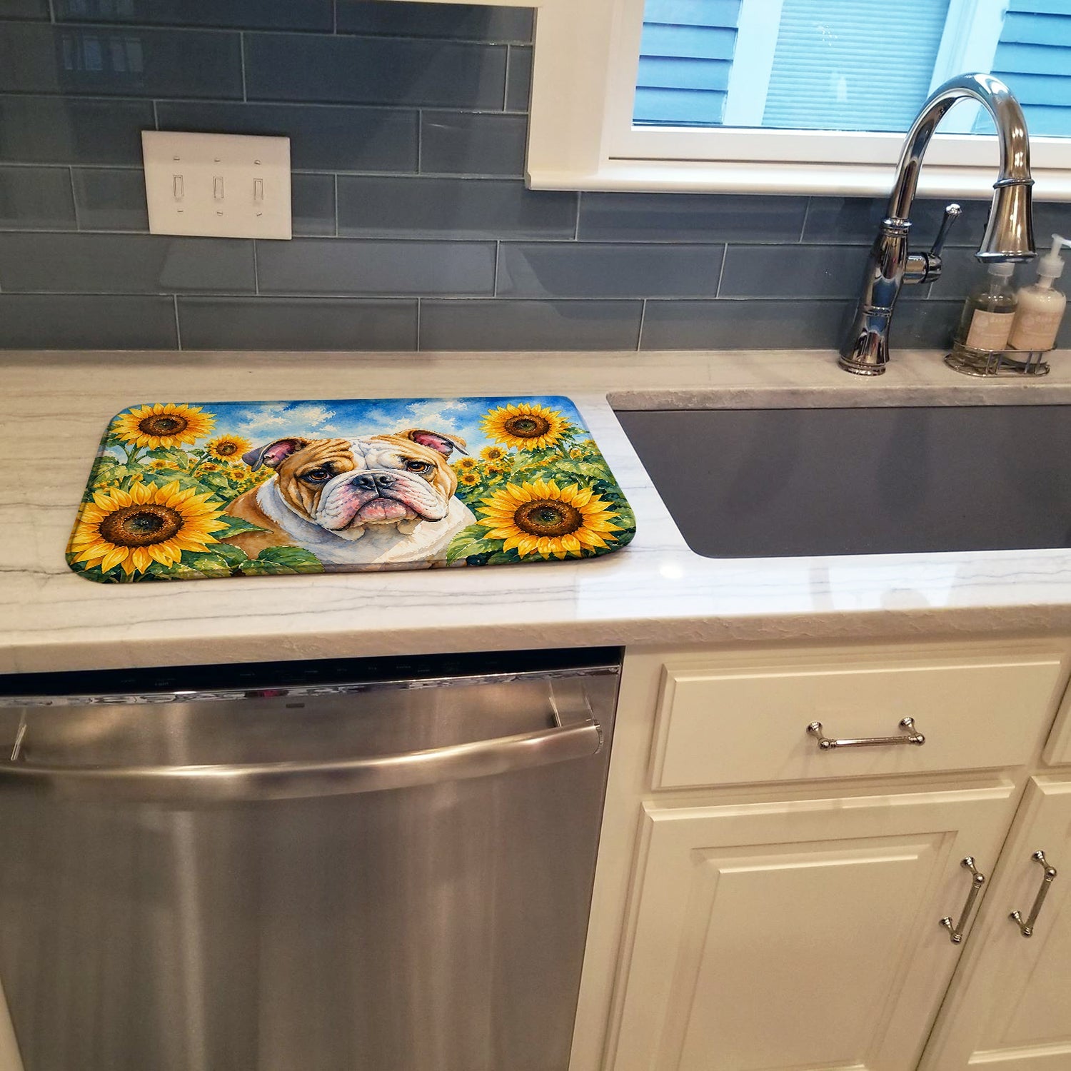 English Bulldog in Sunflowers Dish Drying Mat Absorbent Dish Drying Mat Pad for Kitchen Counter Dish Drainer Mat for Countertop, 14 x 21", Multicolor