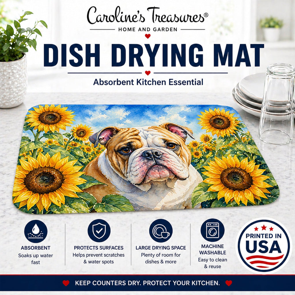 English Bulldog in Sunflowers Dish Drying Mat Absorbent Dish Drying Mat Pad for Kitchen Counter Dish Drainer Mat for Countertop, 14 x 21", Multicolor