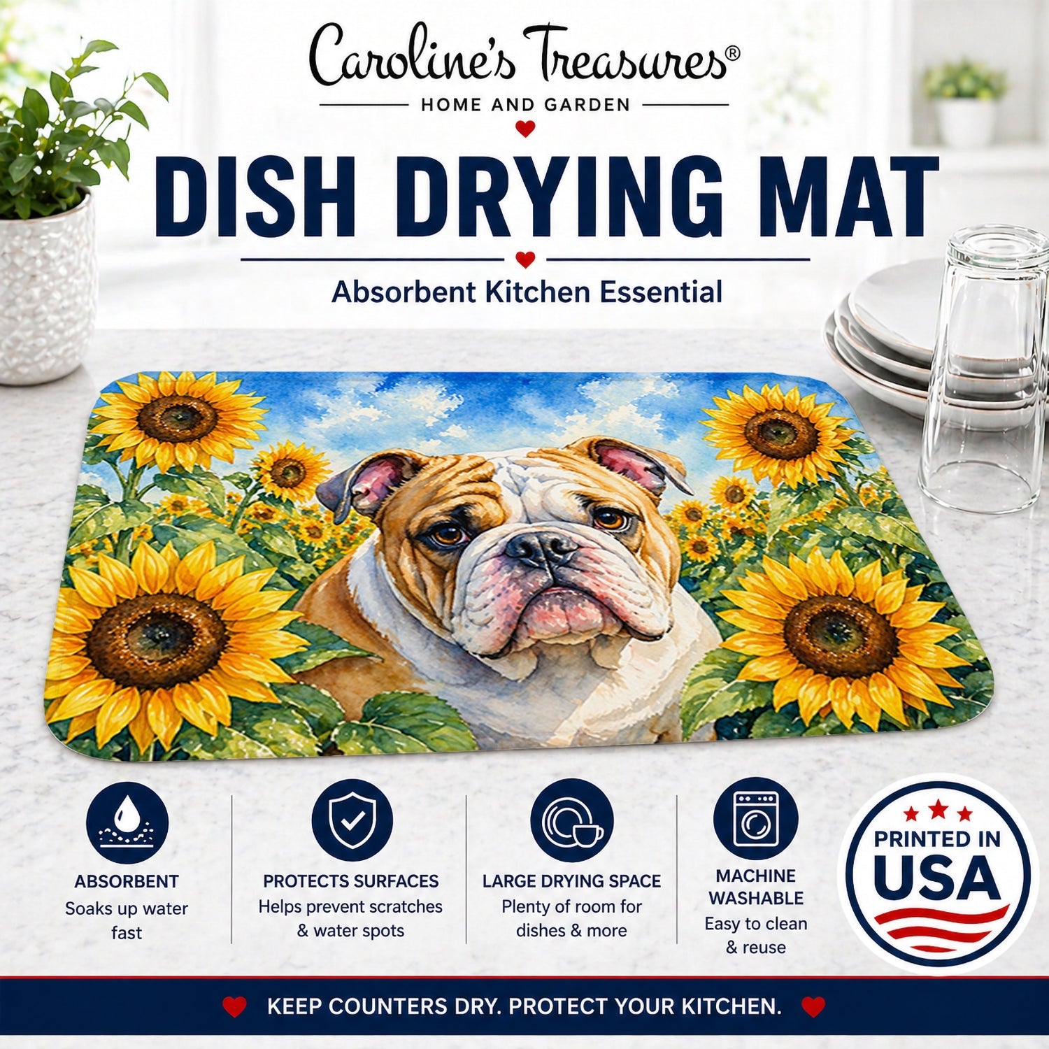 English Bulldog in Sunflowers Dish Drying Mat Absorbent Dish Drying Mat Pad for Kitchen Counter Dish Drainer Mat for Countertop, 14 x 21", Multicolor