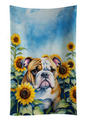English Bulldog in Sunflowers Kitchen Towel Velour Plush Front and Cotton Loop Back Machine Washable