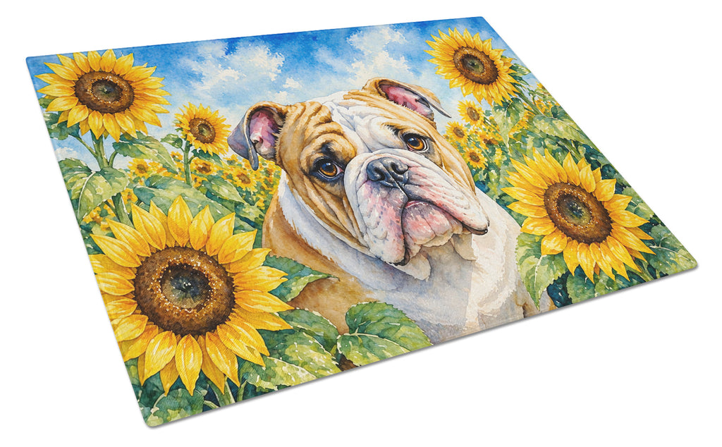 English Bulldog in Sunflowers Cutting Board Tempered Glass Kitchen Cutting Surface, Heat Resistant Chopping Board with Non-Slip Feet, Decorative Food Prep & Serving