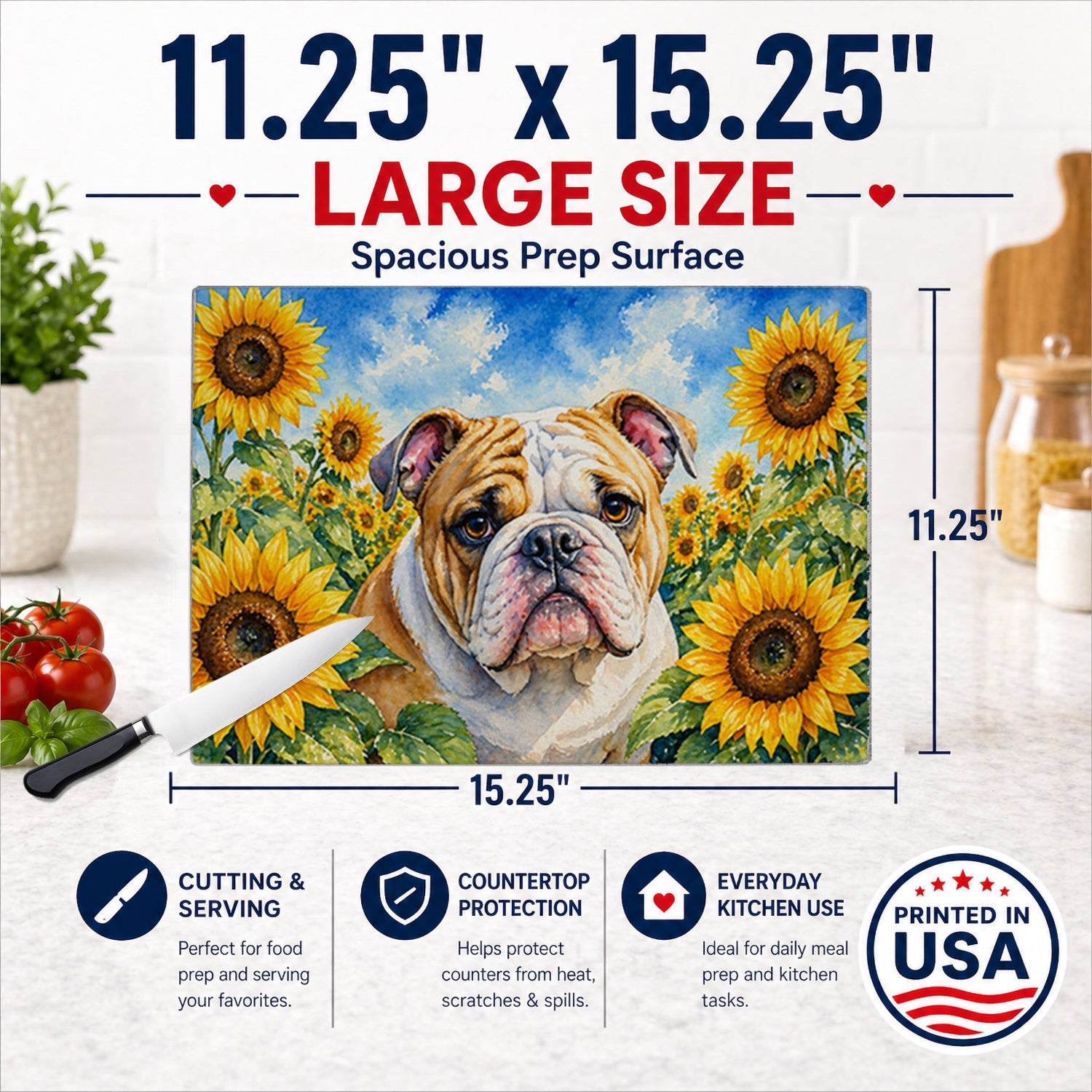 English Bulldog in Sunflowers Cutting Board Tempered Glass Kitchen Cutting Surface, Heat Resistant Chopping Board with Non-Slip Feet, Decorative Food Prep & Serving