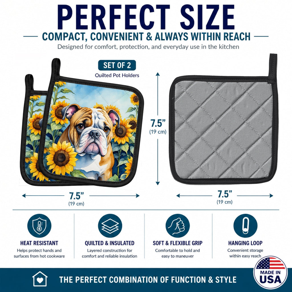 English Bulldog in Sunflowers Pot Holder Set of 2 Heat Resistant Quilted Hot Pads 7.5 x 7.5 Inch, Insulated Kitchen Trivets for Cooking & Baking