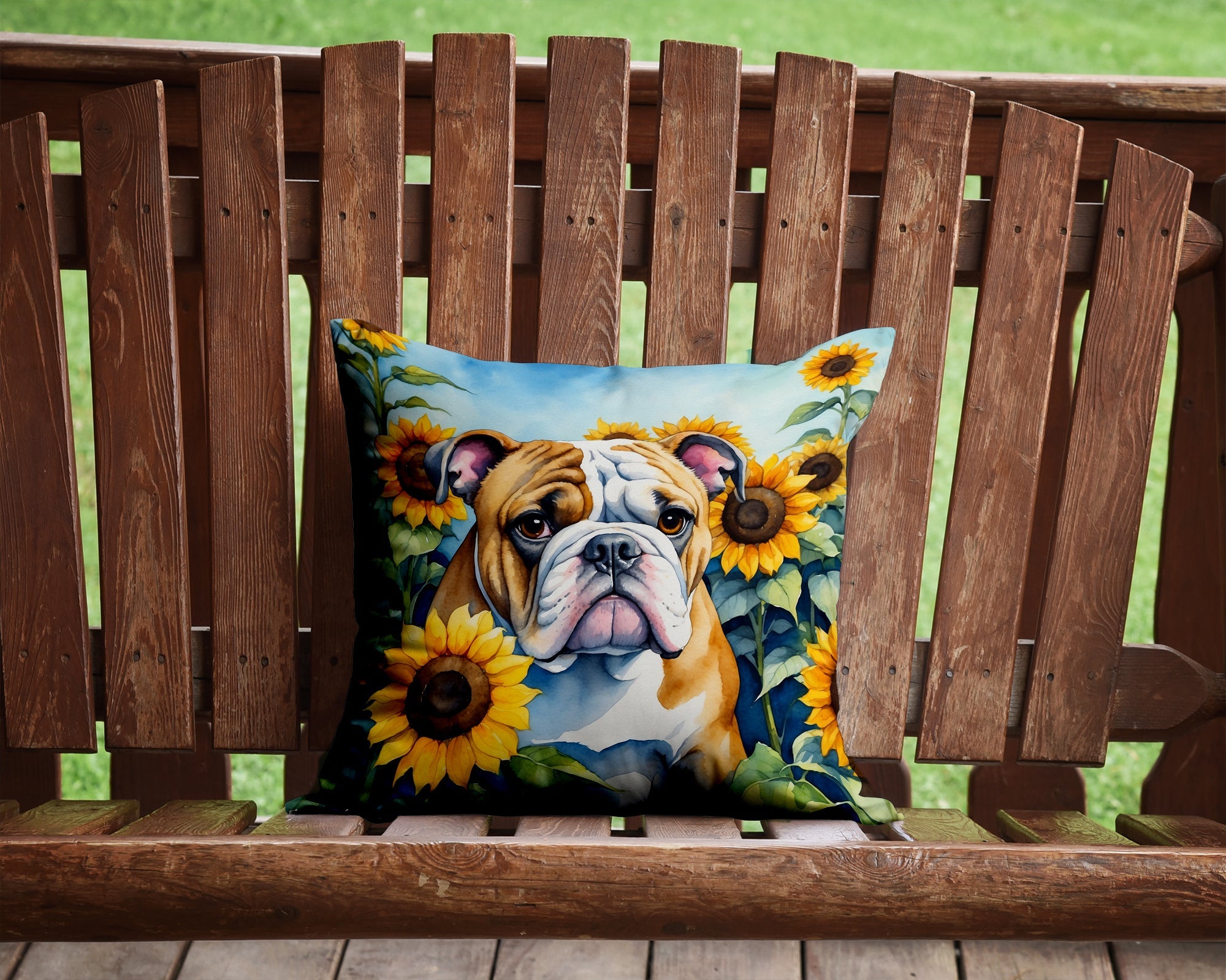 English Bulldog in Sunflowers Decorative Throw Pillow 14x14 Indoor Outdoor Accent Cushion, Fabric Cover with Insert for Sofa, Bed, Porch & Living Room