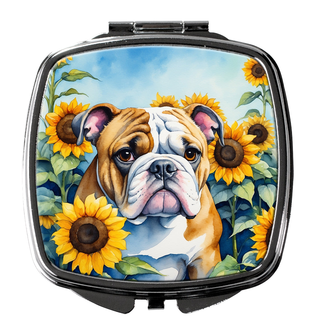English Bulldog in Sunflowers Compact Mirror Decorative Travel Makeup Mirror for Women Girls Gifts Pocket Makeup Mirror Folding Handheld