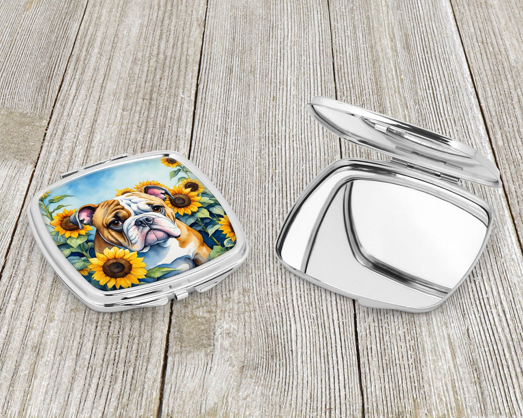 English Bulldog in Sunflowers Compact Mirror Decorative Travel Makeup Mirror for Women Girls Gifts Pocket Makeup Mirror Folding Handheld