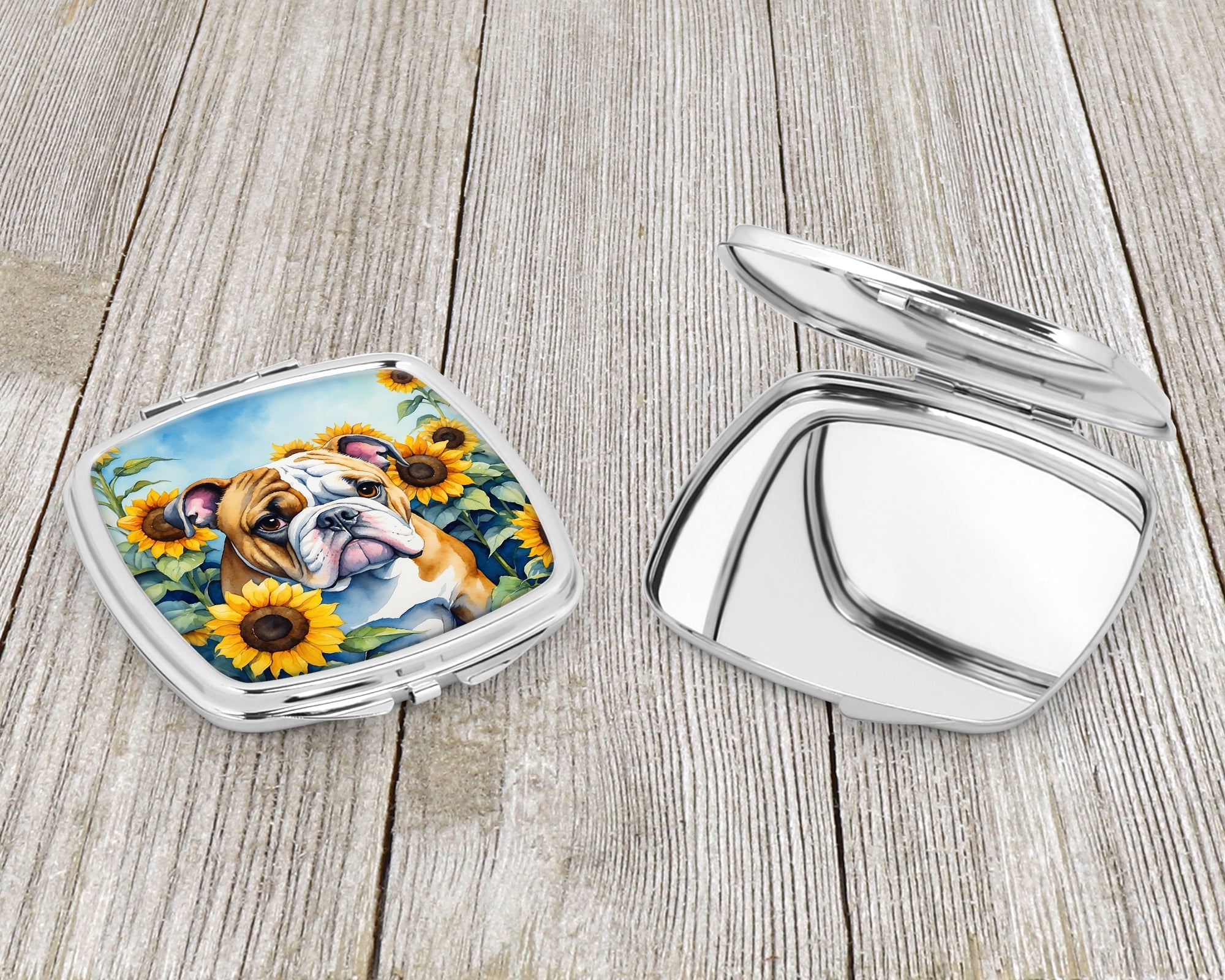 English Bulldog in Sunflowers Compact Mirror Decorative Travel Makeup Mirror for Women Girls Gifts Pocket Makeup Mirror Folding Handheld