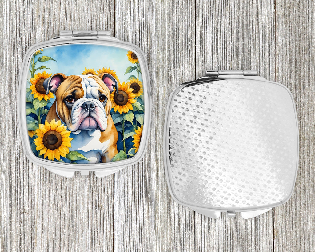 English Bulldog in Sunflowers Compact Mirror Decorative Travel Makeup Mirror for Women Girls Gifts Pocket Makeup Mirror Folding Handheld