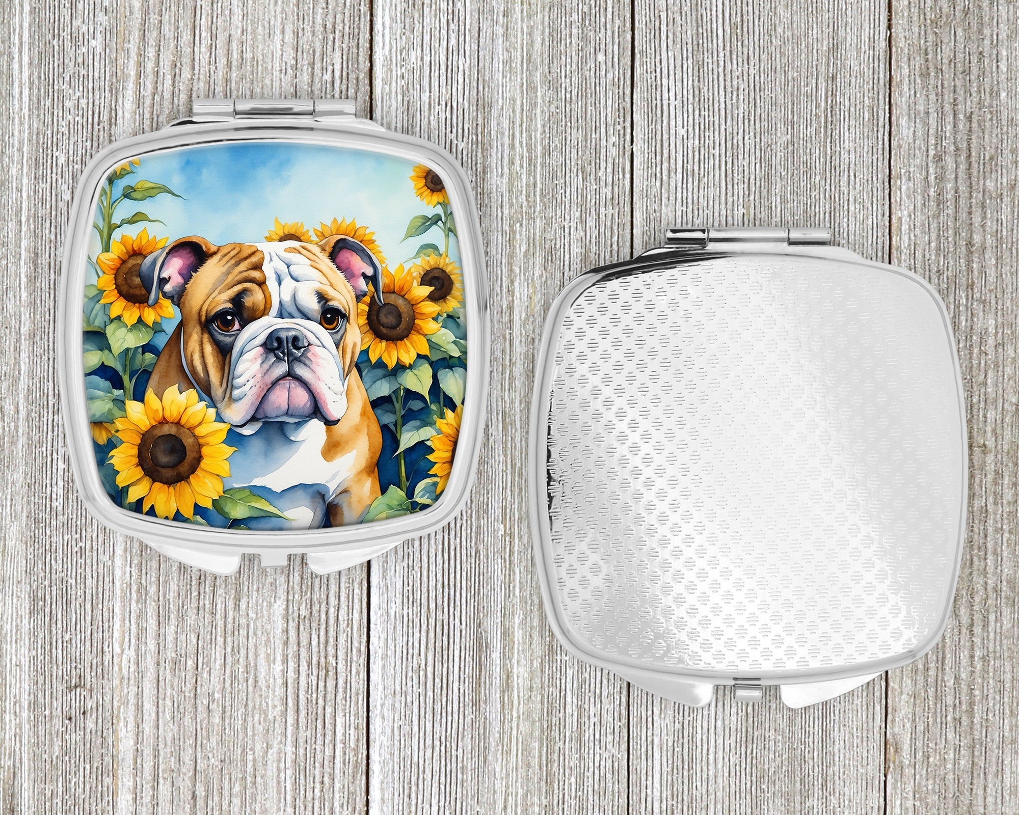 English Bulldog in Sunflowers Compact Mirror Decorative Travel Makeup Mirror for Women Girls Gifts Pocket Makeup Mirror Folding Handheld