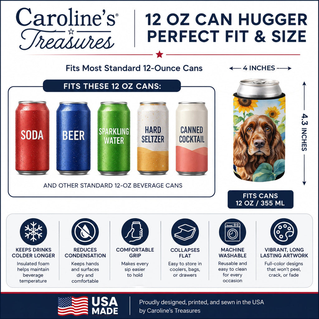 English Cocker Spaniel in Sunflowers Can or Bottle Hugger Cooler Sleeve for Standard 12 oz Cans, Insulated Foam Beer & Soda Can Hugger Reusable