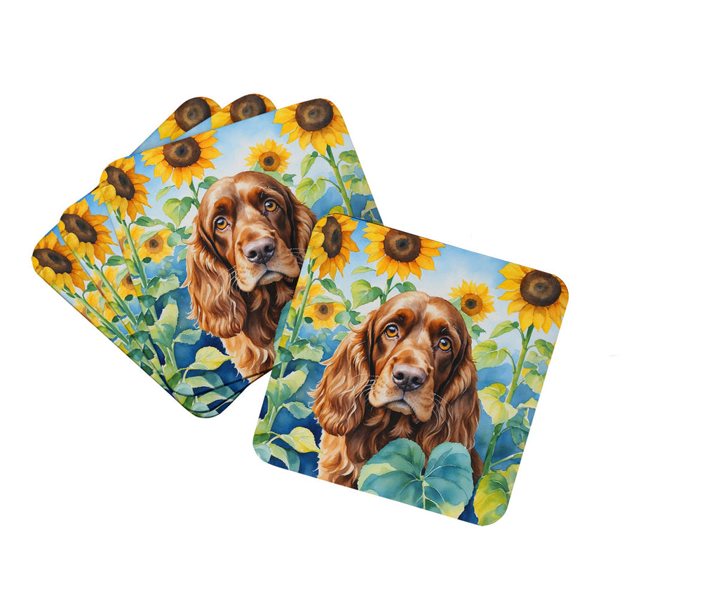 English Cocker Spaniel in Sunflowers Foam Coasters Set of 4 Cup Coasters for Indoor Outdoor, Tabletop Protection, Anti Slip, Mouse pad Material