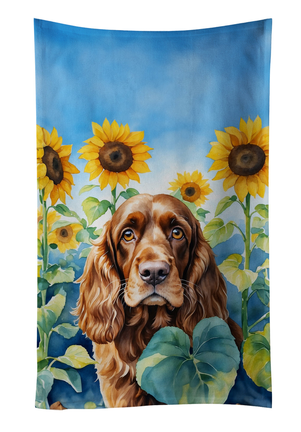 English Cocker Spaniel in Sunflowers Kitchen Towel Velour Plush Front and Cotton Loop Back Machine Washable