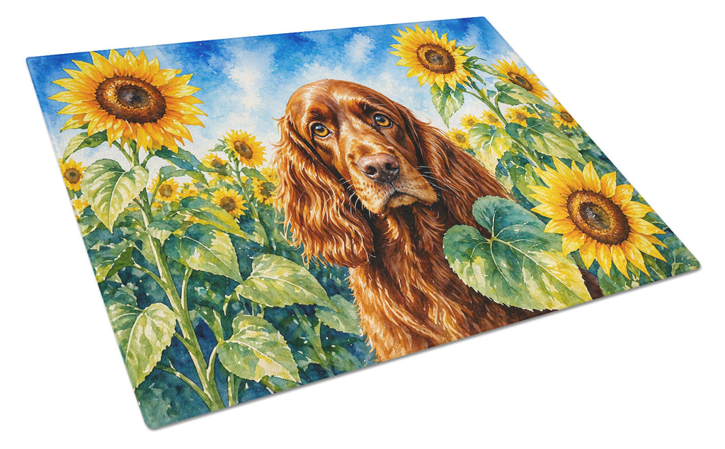 English Cocker Spaniel in Sunflowers Cutting Board Tempered Glass Kitchen Cutting Surface, Heat Resistant Chopping Board with Non-Slip Feet, Decorative Food Prep & Serving