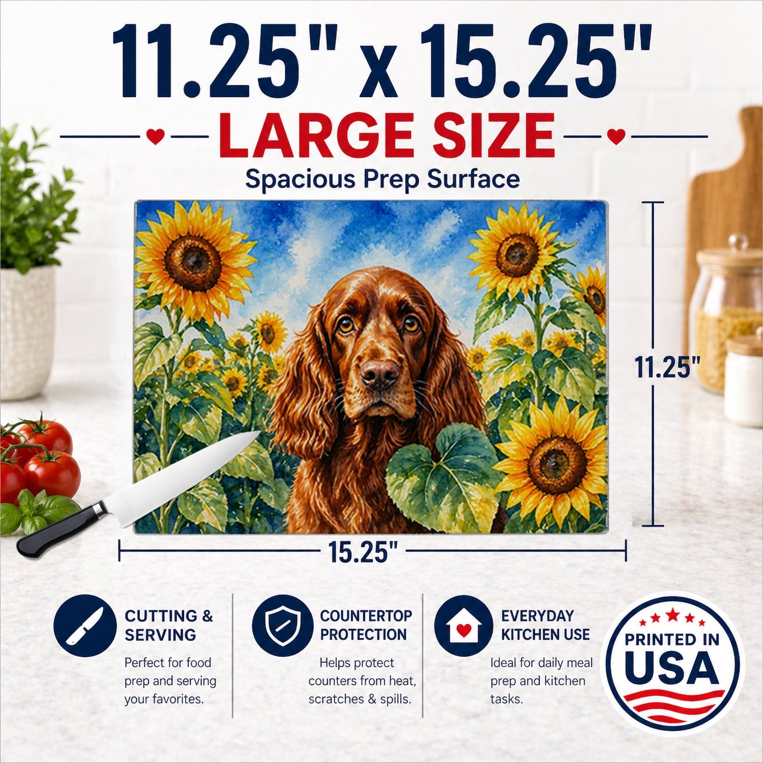 English Cocker Spaniel in Sunflowers Cutting Board Tempered Glass Kitchen Cutting Surface, Heat Resistant Chopping Board with Non-Slip Feet, Decorative Food Prep & Serving