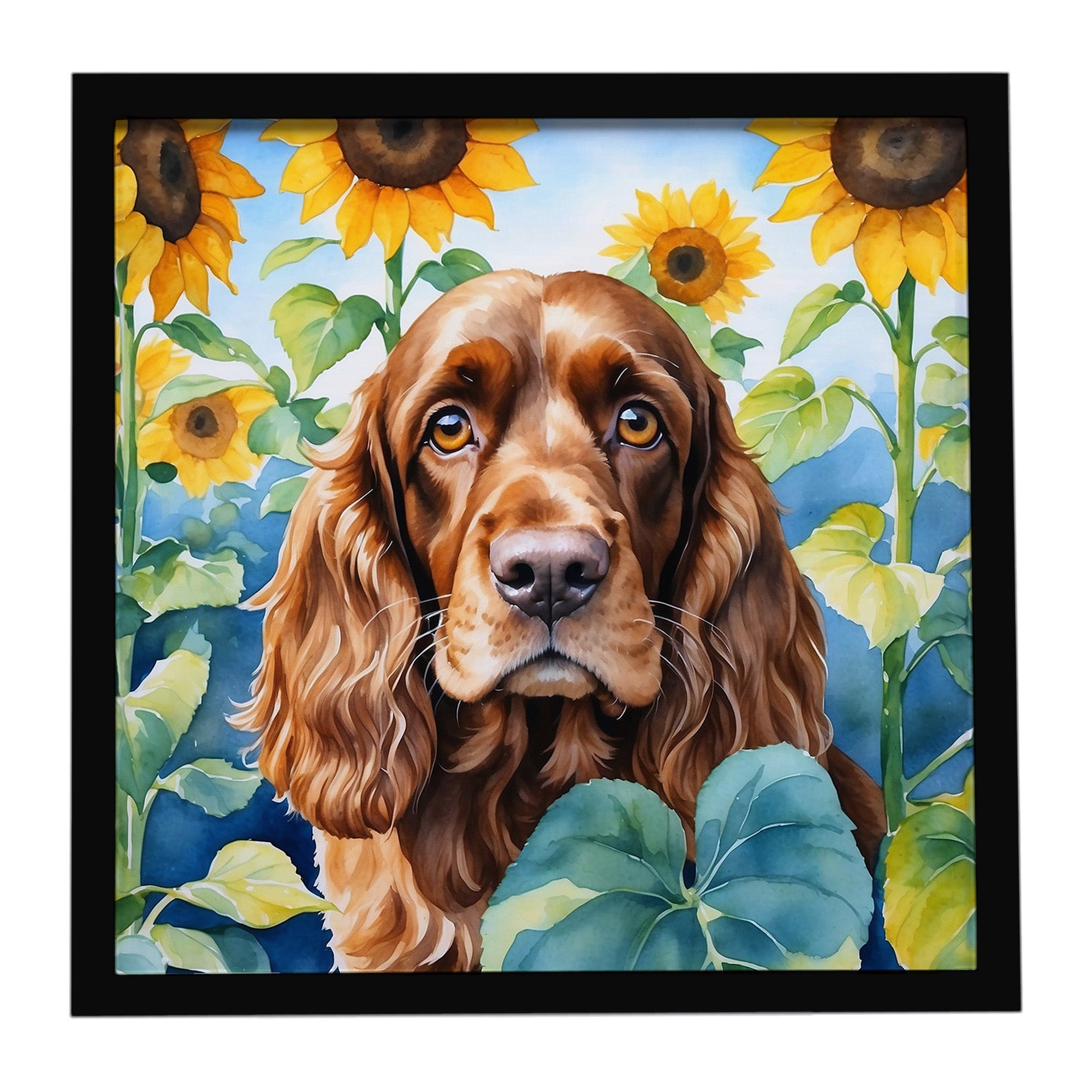 English Cocker Spaniel in Sunflowers Framed Metal Print Bathroom, Kitchen, Office, Home Decor Wall Art Ready to Hang, Square, 8X8