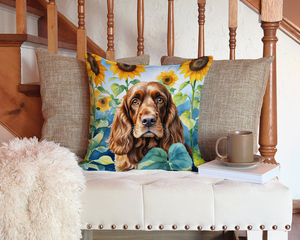 English Cocker Spaniel in Sunflowers Decorative Throw Pillow 14x14 Indoor Outdoor Accent Cushion, Fabric Cover with Insert for Sofa, Bed, Porch & Living Room