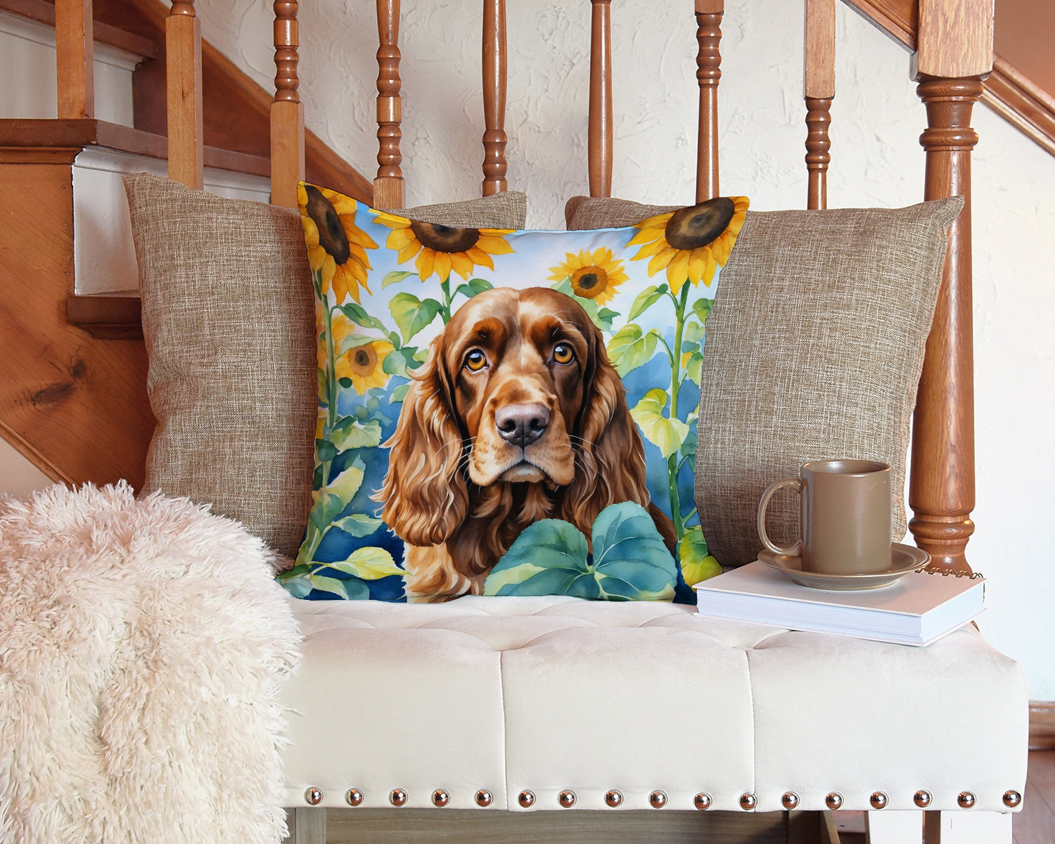English Cocker Spaniel in Sunflowers Decorative Throw Pillow 14x14 Indoor Outdoor Accent Cushion, Fabric Cover with Insert for Sofa, Bed, Porch & Living Room