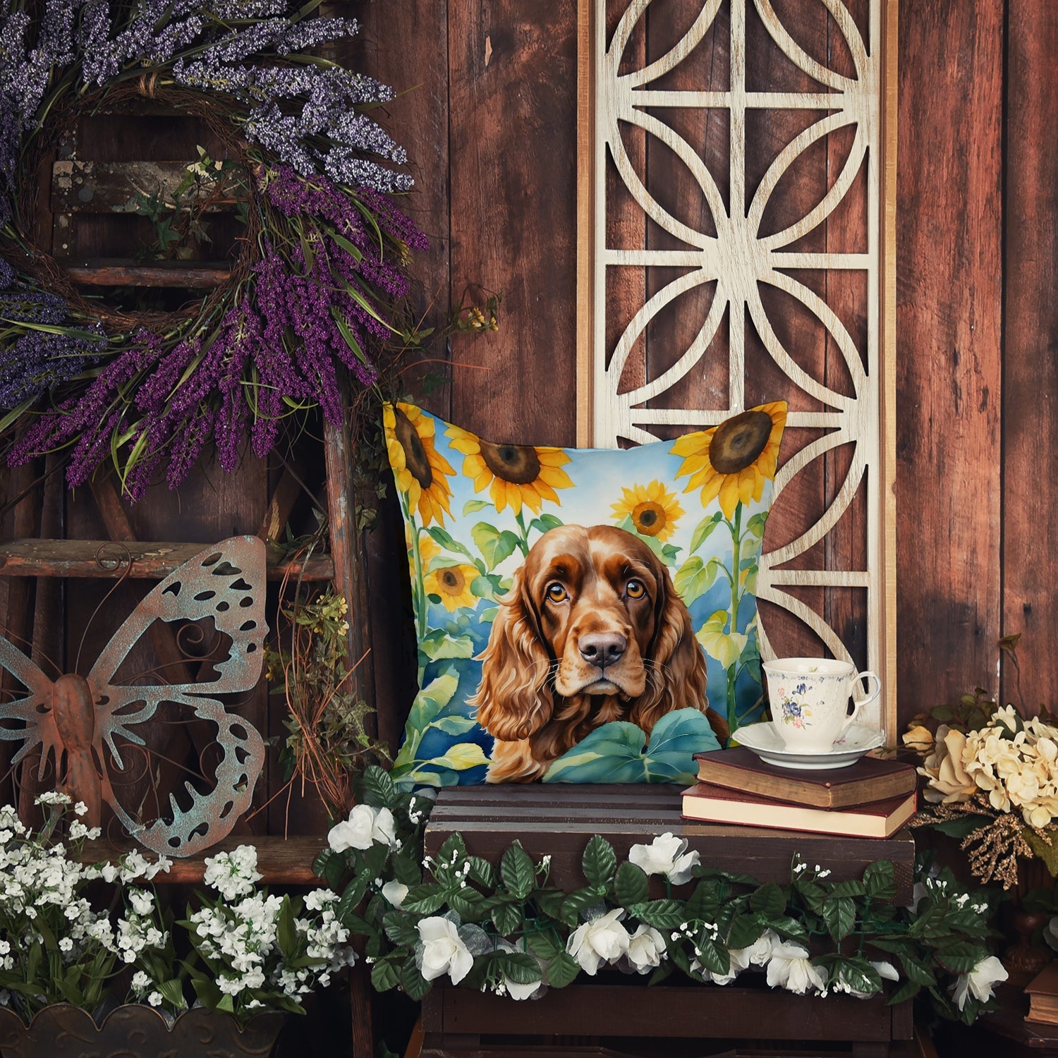 English Cocker Spaniel in Sunflowers Decorative Throw Pillow 14x14 Indoor Outdoor Accent Cushion, Fabric Cover with Insert for Sofa, Bed, Porch & Living Room