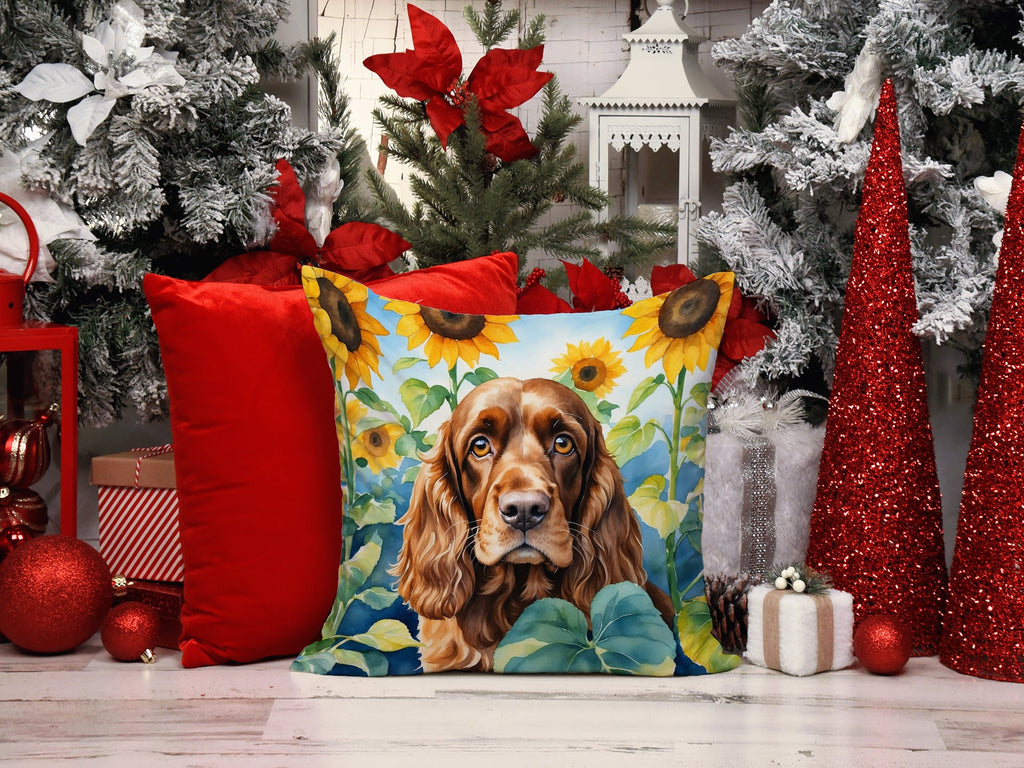 English Cocker Spaniel in Sunflowers Decorative Throw Pillow 14x14 Indoor Outdoor Accent Cushion, Fabric Cover with Insert for Sofa, Bed, Porch & Living Room