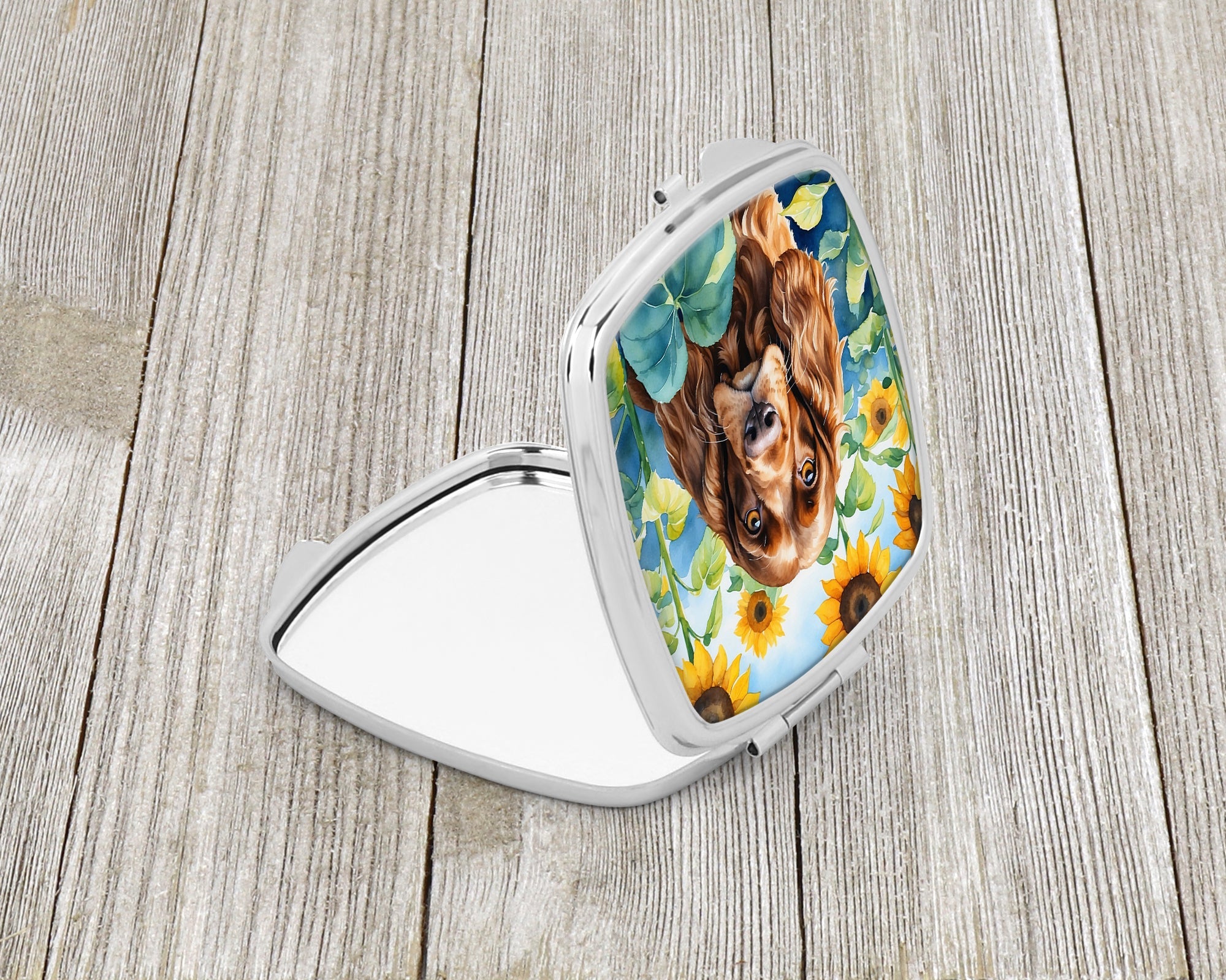 English Cocker Spaniel in Sunflowers Compact Mirror Decorative Travel Makeup Mirror for Women Girls Gifts Pocket Makeup Mirror Folding Handheld