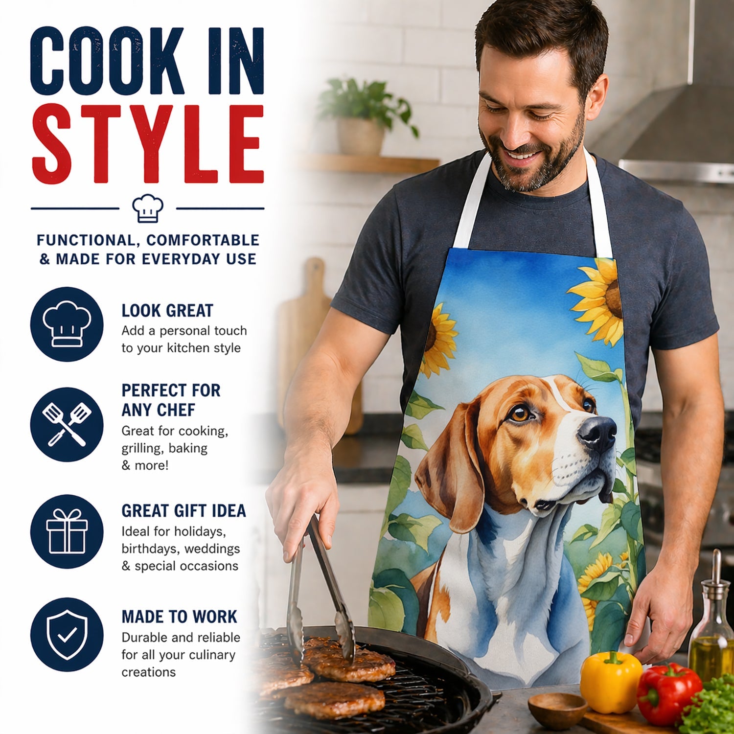 English Foxhound in Sunflowers Apron Cooking Kitchen Server Baking Crafts Gardening for Adult Women Men, Unisex, Large, Multicolor