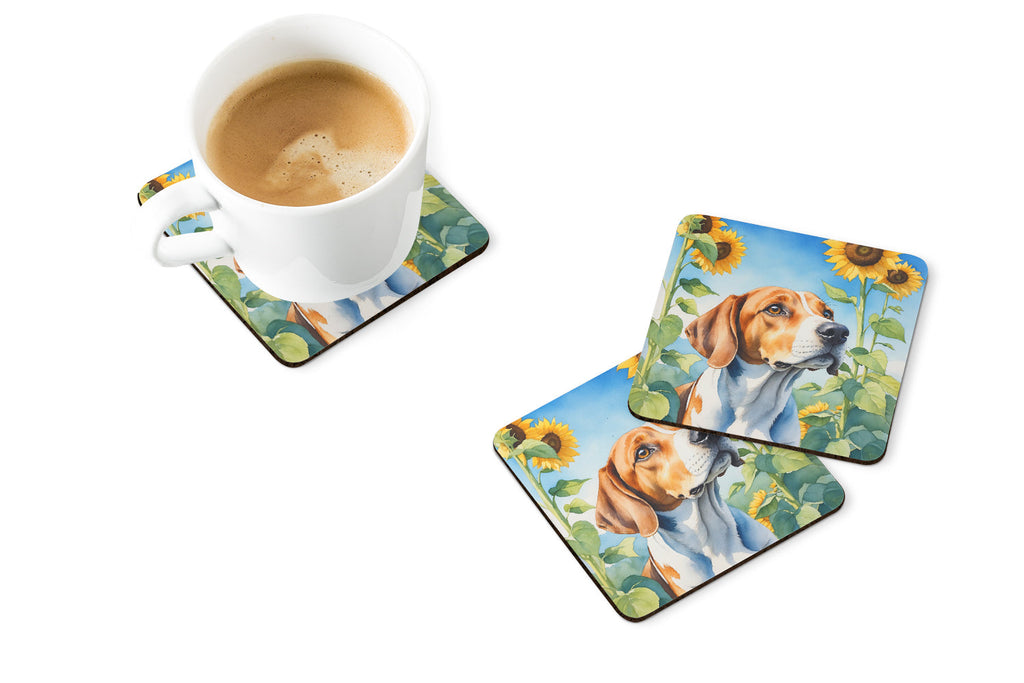 English Foxhound in Sunflowers Foam Coasters Set of 4 Cup Coasters for Indoor Outdoor, Tabletop Protection, Anti Slip, Mouse pad Material