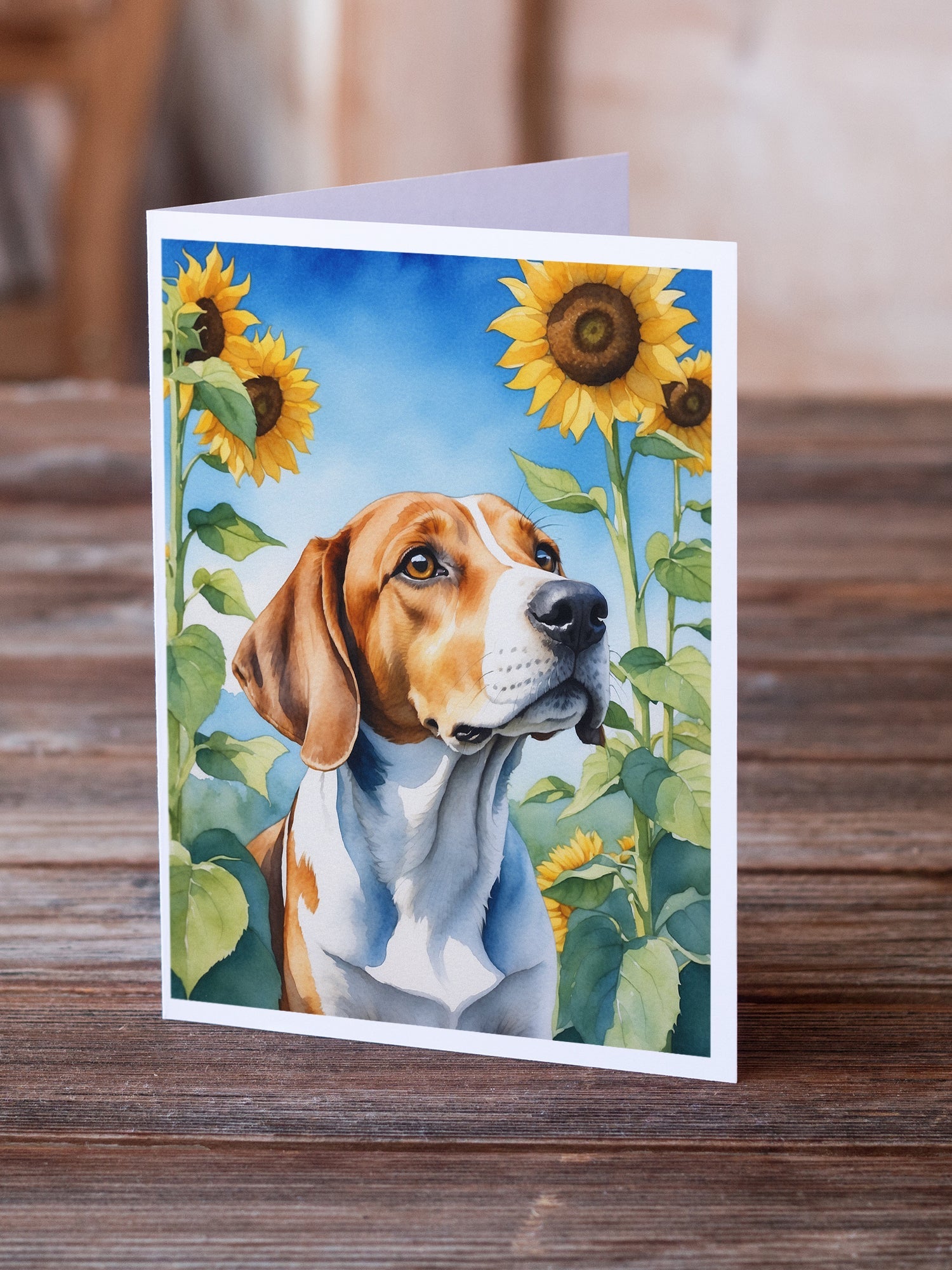 English Foxhound in Sunflowers Greeting Cards Pack of 8 Blank Cards with Envelopes Whimsical A7 Size 5x7
