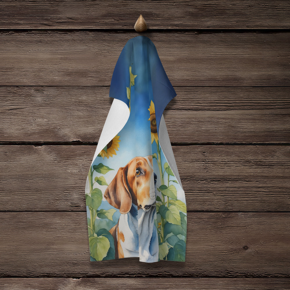 English Foxhound in Sunflowers Kitchen Towel Velour Plush Front and Cotton Loop Back Machine Washable