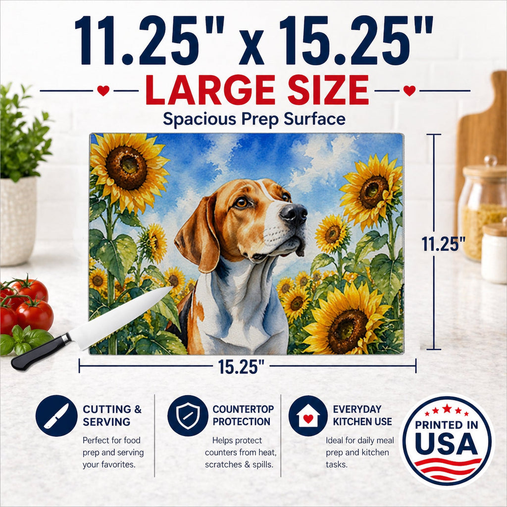English Foxhound in Sunflowers Cutting Board Tempered Glass Kitchen Cutting Surface, Heat Resistant Chopping Board with Non-Slip Feet, Decorative Food Prep & Serving