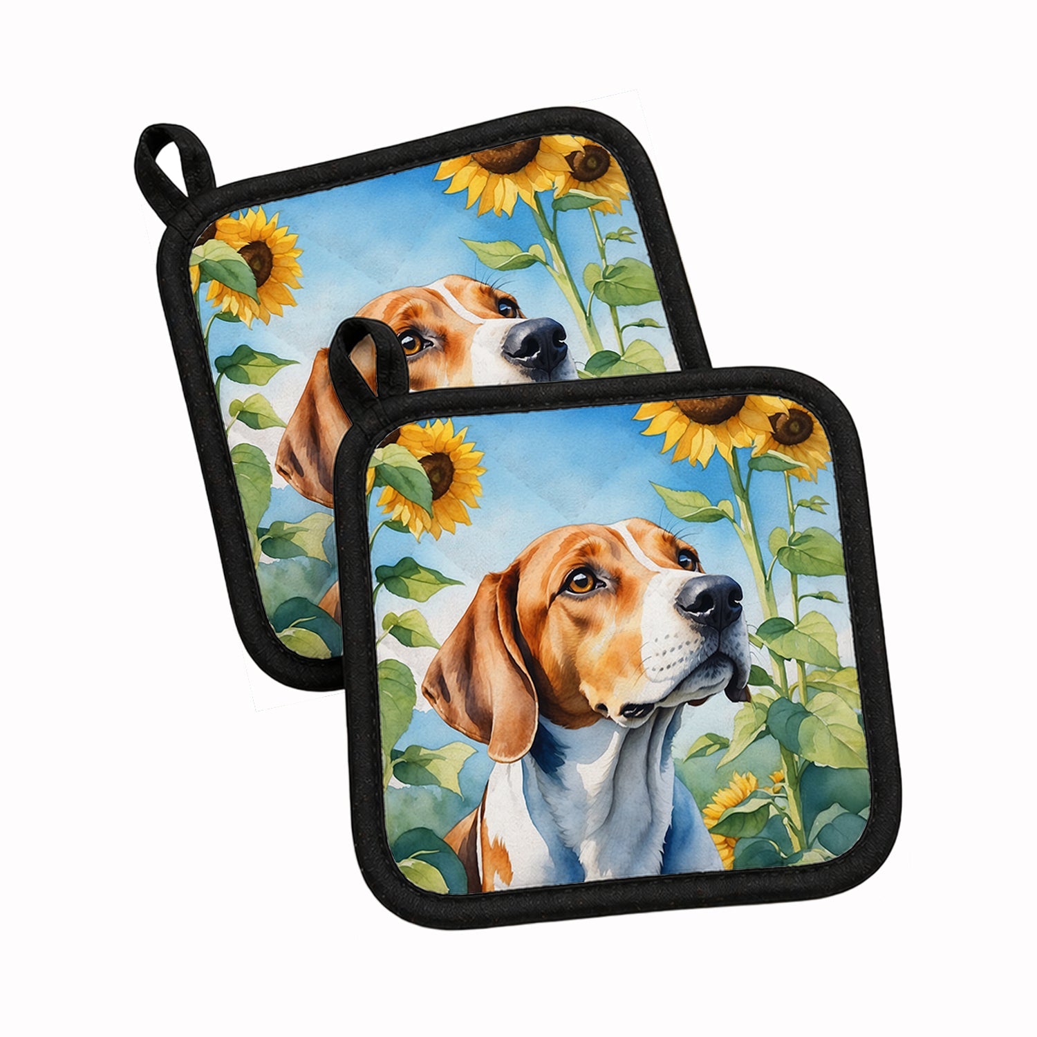 English Foxhound in Sunflowers Pot Holder Set of 2 Heat Resistant Quilted Hot Pads 7.5 x 7.5 Inch, Insulated Kitchen Trivets for Cooking & Baking