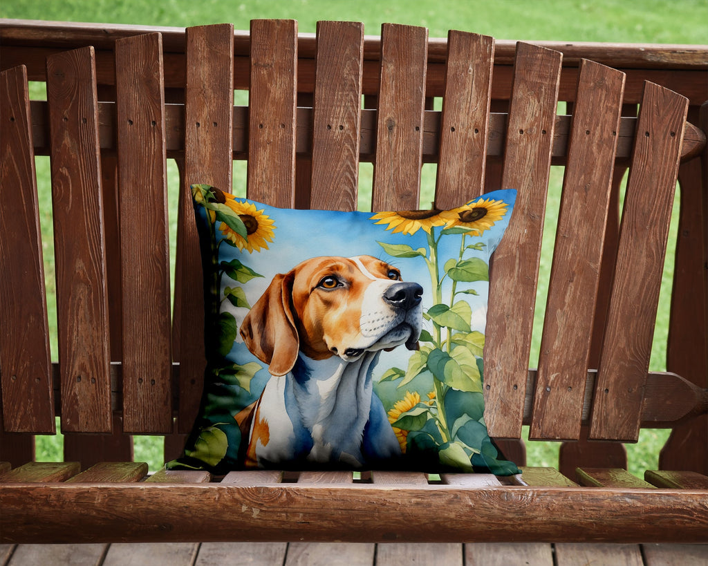 English Foxhound in Sunflowers Decorative Throw Pillow 14x14 Indoor Outdoor Accent Cushion, Fabric Cover with Insert for Sofa, Bed, Porch & Living Room