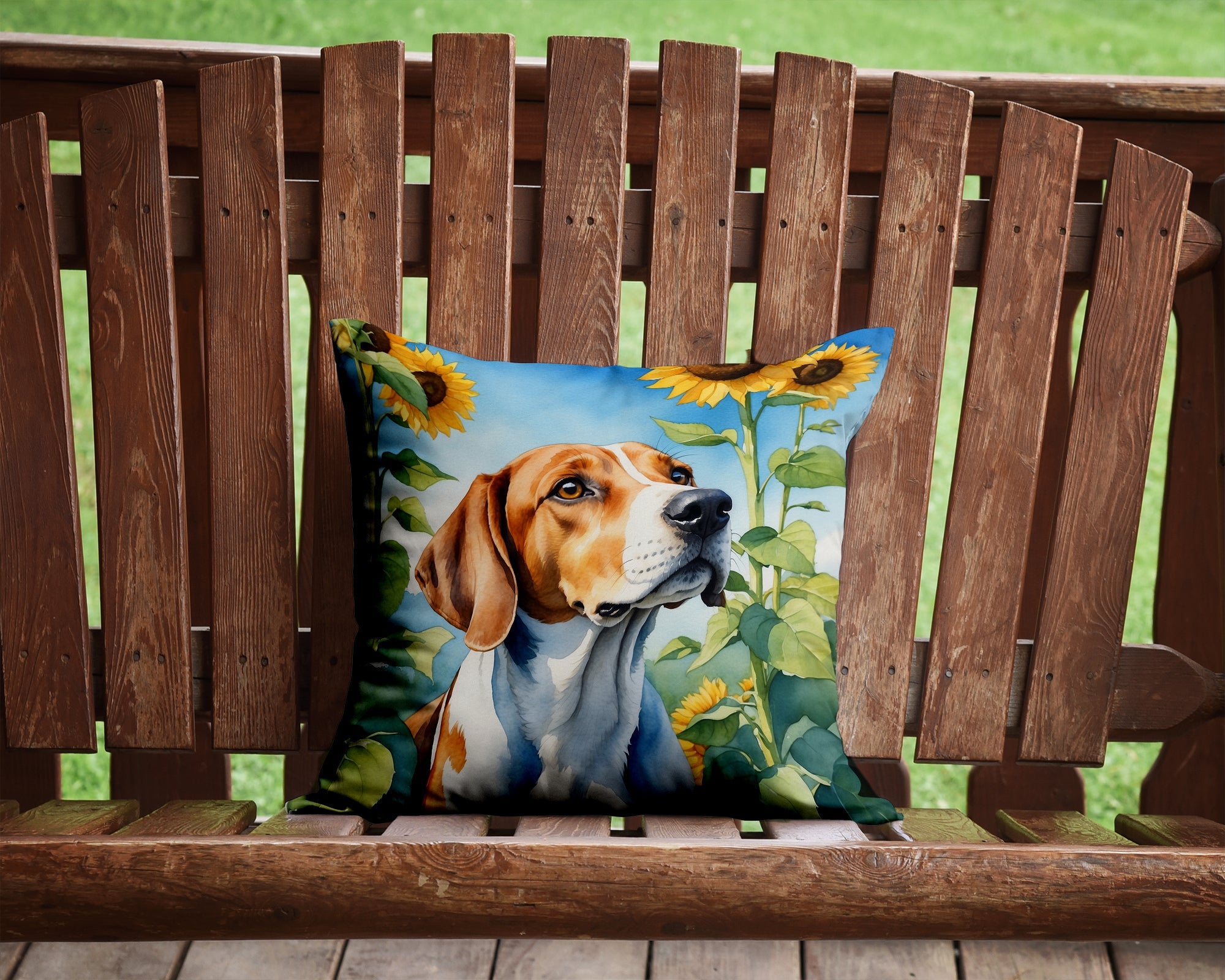 English Foxhound in Sunflowers Decorative Throw Pillow 14x14 Indoor Outdoor Accent Cushion, Fabric Cover with Insert for Sofa, Bed, Porch & Living Room