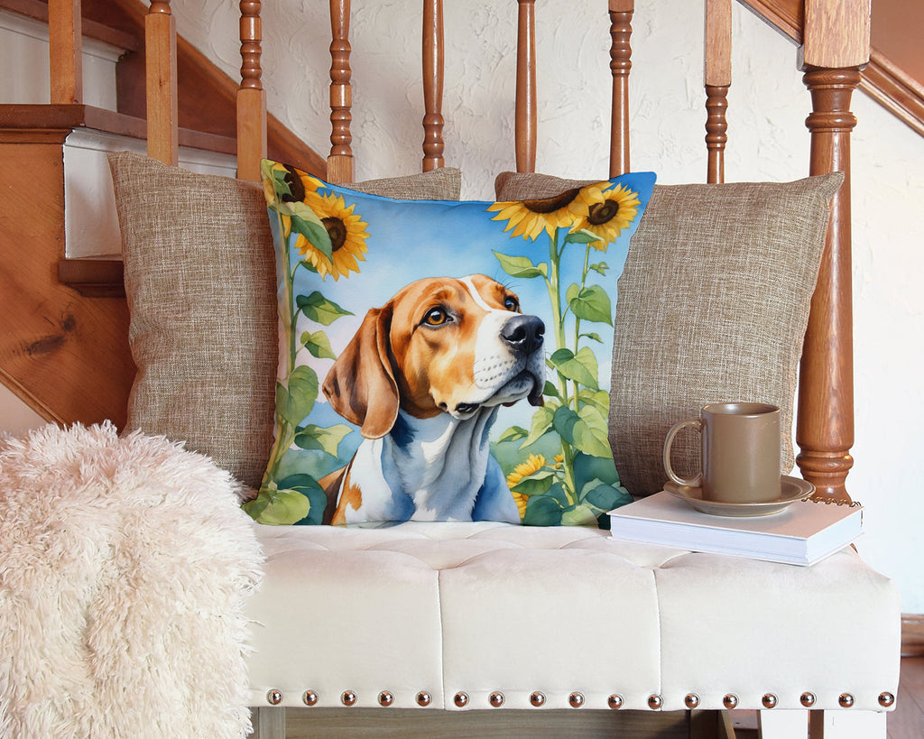 English Foxhound in Sunflowers Decorative Throw Pillow 14x14 Indoor Outdoor Accent Cushion, Fabric Cover with Insert for Sofa, Bed, Porch & Living Room