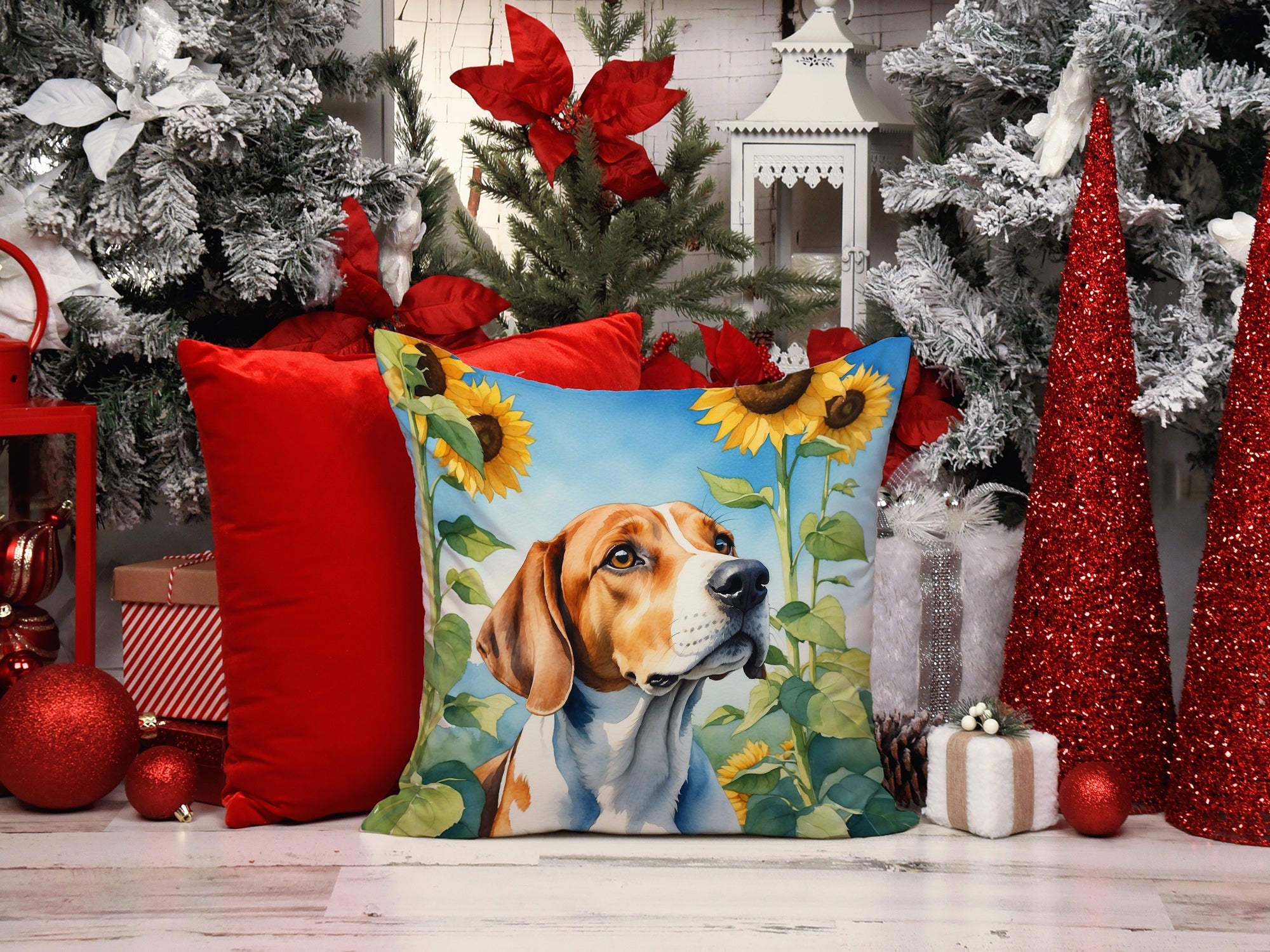 English Foxhound in Sunflowers Decorative Throw Pillow 14x14 Indoor Outdoor Accent Cushion, Fabric Cover with Insert for Sofa, Bed, Porch & Living Room