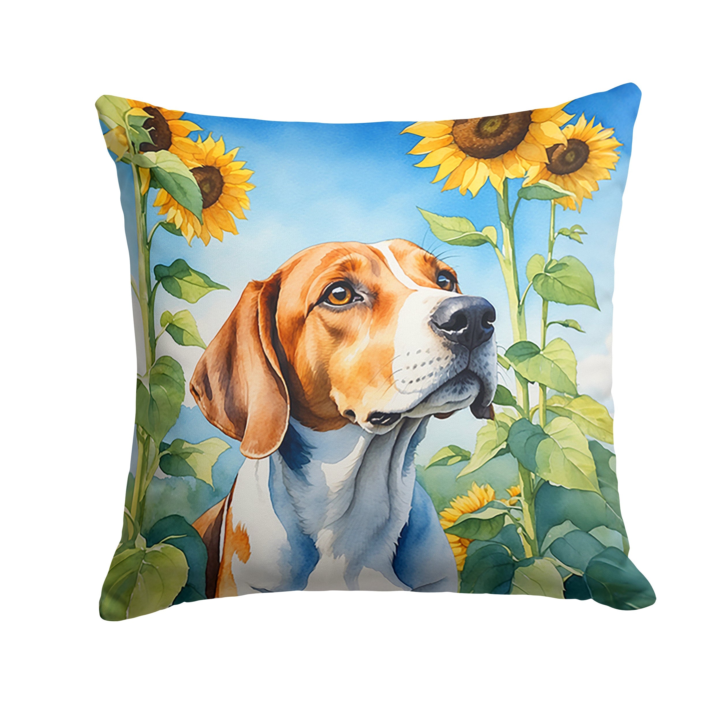 English Foxhound in Sunflowers Decorative Throw Pillow 18x18 Indoor Outdoor Accent Cushion, Fabric Cover with Insert for Sofa, Bed, Porch & Living Room